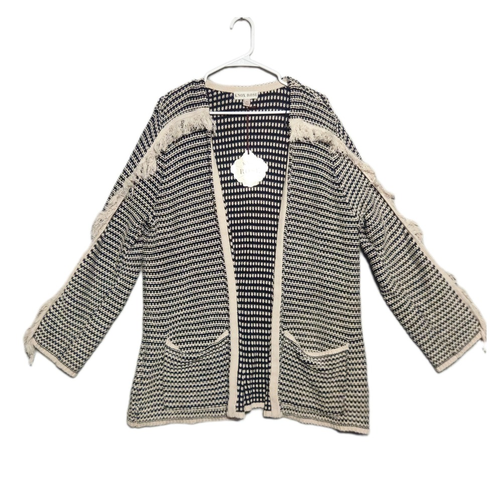 Knox Rose Cardigan Women XL Black Cream Fringe‎ Open Front Knit Sweater Bohemian